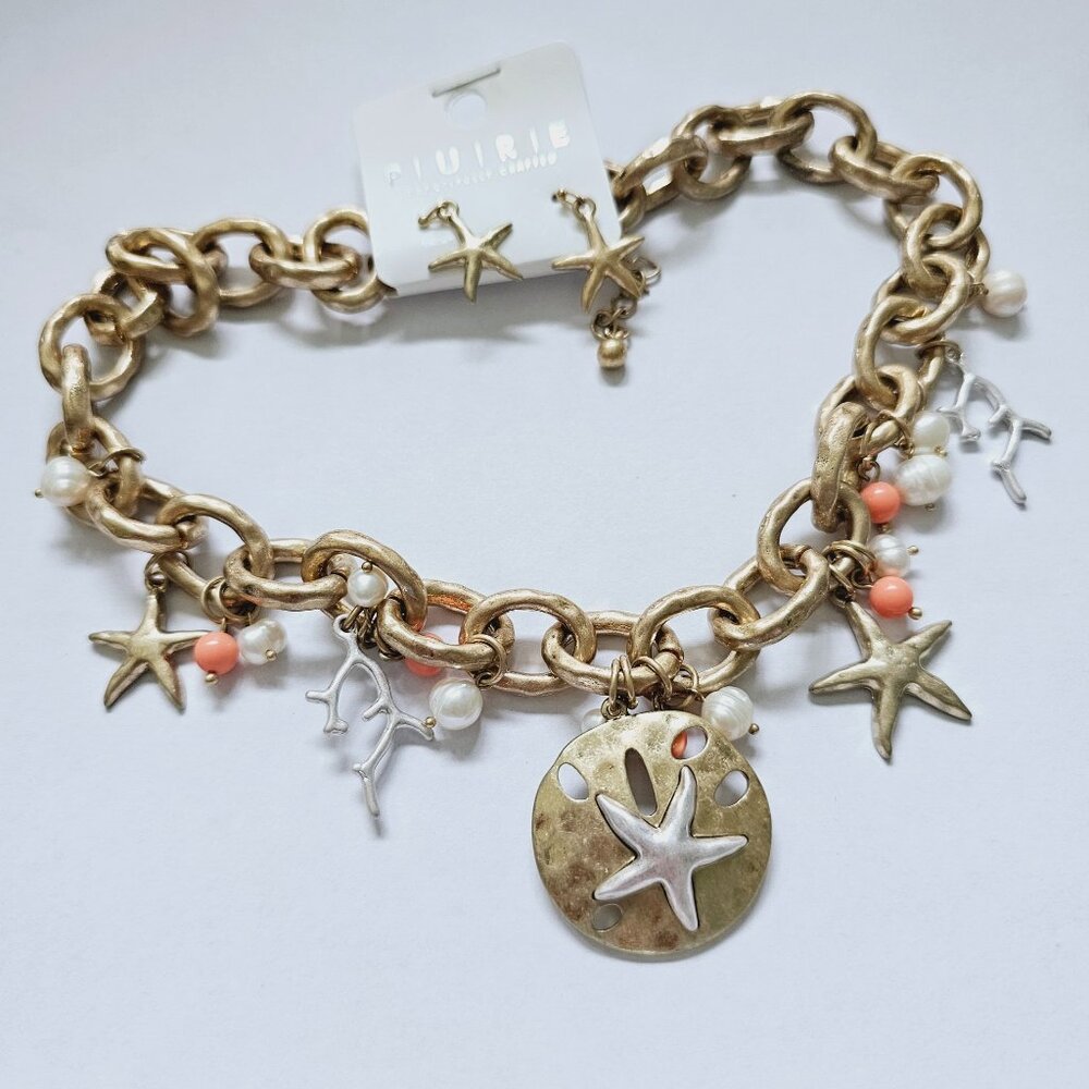 Sand Dollar Beach Sea Life Starfish Matte Gold tone Necklace Earrings Set